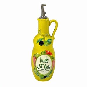 Vintage Ceramic Olive Oil Cruet Yellow Huile d'Olive Bottle with Metal Spout